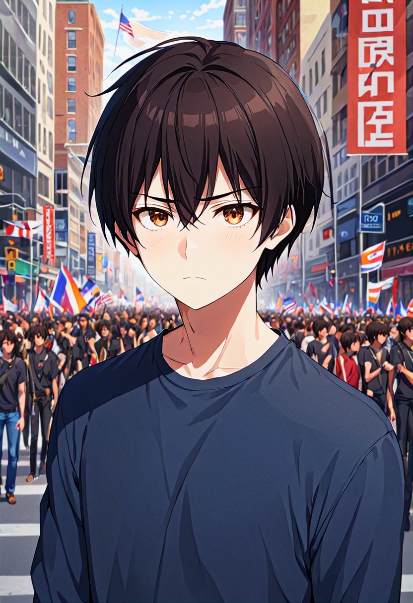 high resolution, solo, best quality, 1Boy, Seiya Kanie, Black Hair, Short Hair, Thin, Brown Eyes, Social justice, activism, equality, change,
