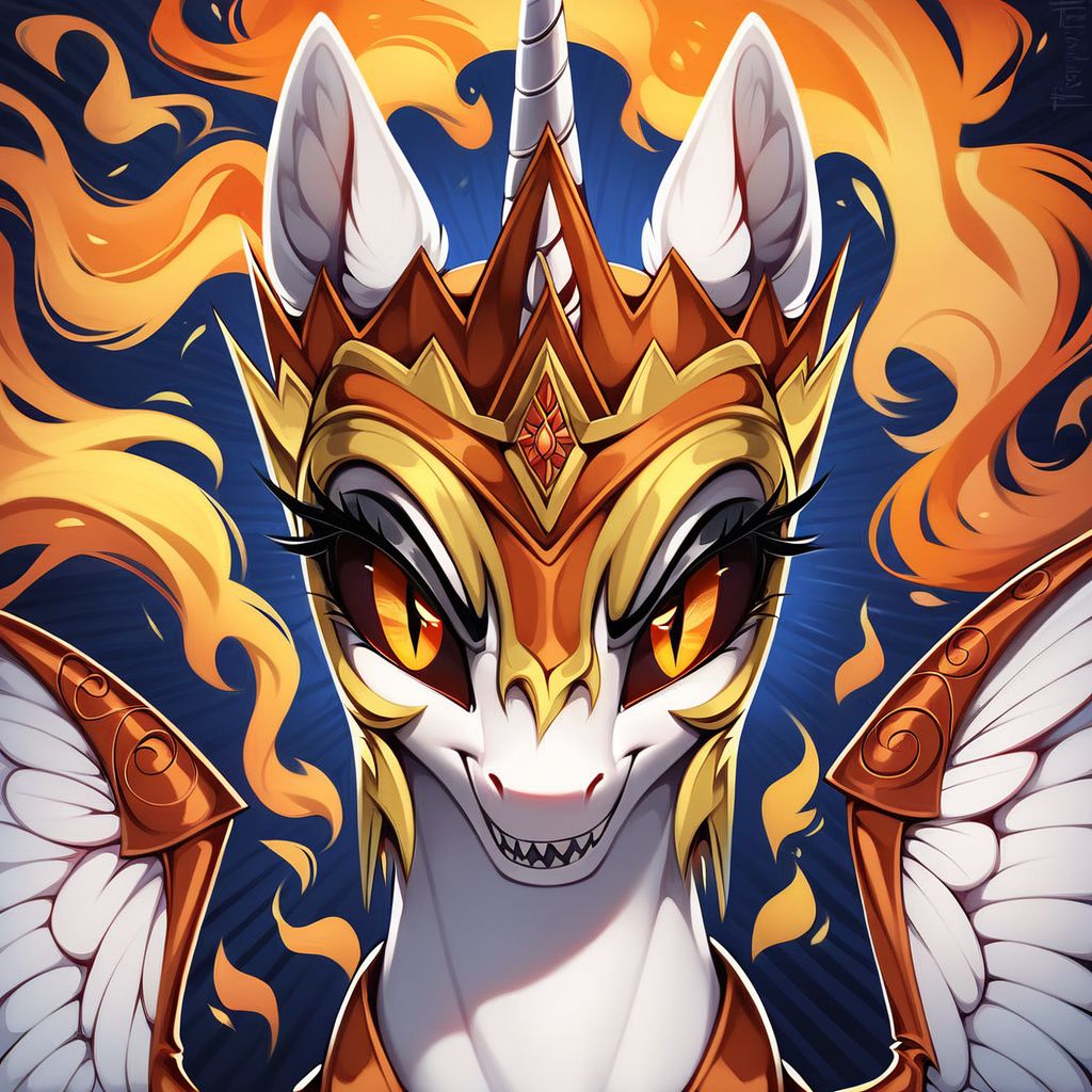 score_9, score_8_up, score_7_up, score_6_up, score_5_up, score_4_up, Daybreaker From "Equestria at War", pony, alicorn, g4, Female, Feral, Portrait of a leader, Ruler of the Solar Empire, (Athletic1.3), Evil eyes, Looking At Viewer, Horror sadistic smile, Sharp teeth, Throne Hall Interior, Extreme Detailed Background, Tail, the quality of ai art is frightening