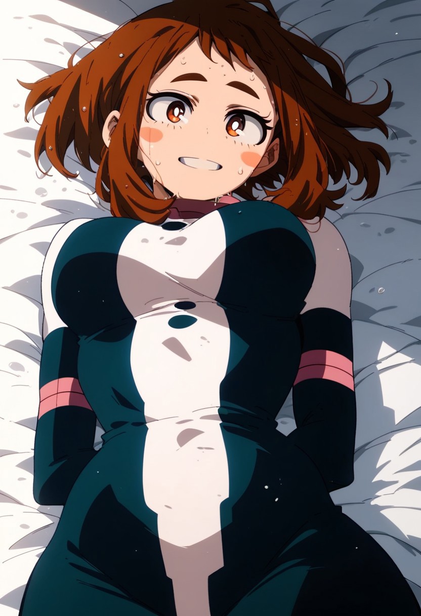 flatshinyskin, score_9, score_8_up, score_7_up , 1girl, 1girl, mosaic censoring, smile, slight seductive pose,, medium breasts, sweating, breasts,, long skirt, 1girl, solo focus, Upper body, hands behind back,  wet, sweaty, sweating, steam, lying on back, low angle, under boobs, 
ochako_uraraka, 1girl, score_9, score_8_up, score_7_up, brown hair, brown eyes, white pupil, blush stickers, bodysuit, solo focus, perfect body, curvey, thick waist, thick body, skin tight dress, , front view, front focus, looking at viewer, seductive expression, smile, teeth,  ANIMESTYLE