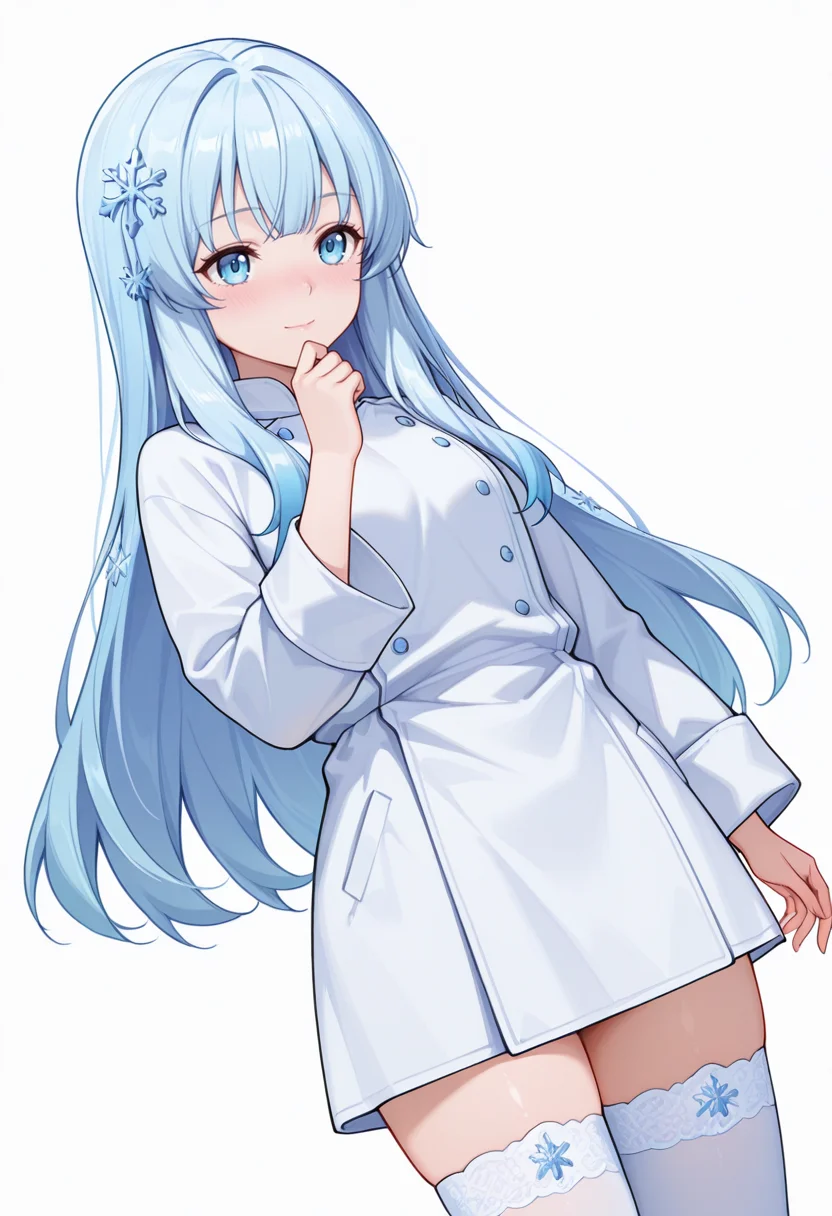 Smooth Quality,masterpiece,very intricate, high quality details, ultra realistic, high detailed skin,detailed enviorement,absurdres,
open hand,
 <lora:Yusa_CNR:0.8> yusa_cnr,1girl, blue hair, long hair, bangs, blue eyes,snowflake hair ornament,gradient hair,, nose blush,, simple background, white background, dutch angle,solo,, doctor coat,  ,chef coat,  ,thighhighs, ,