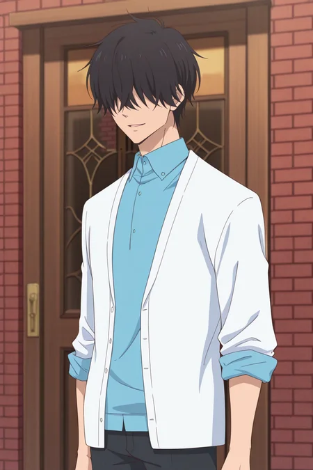 masterpiece, best quality, amazing quality,high resolution, intricate details,official style,depth of field,anime screencap,anime coloring , , , 1boy, solo, male focus, <lora:Nezu_Chuukichi:0.80>,nezu chuukichi,black hair,short hair,smile,shirt, long sleeves, standing, jacket, outdoors, cowboy shot, parted lips, open clothes, collared shirt, pants, indoors, black pants,sleeves rolled up,white jacket, blue shirt, cardigan, arms at sides, door, hair over eyes, brick wall