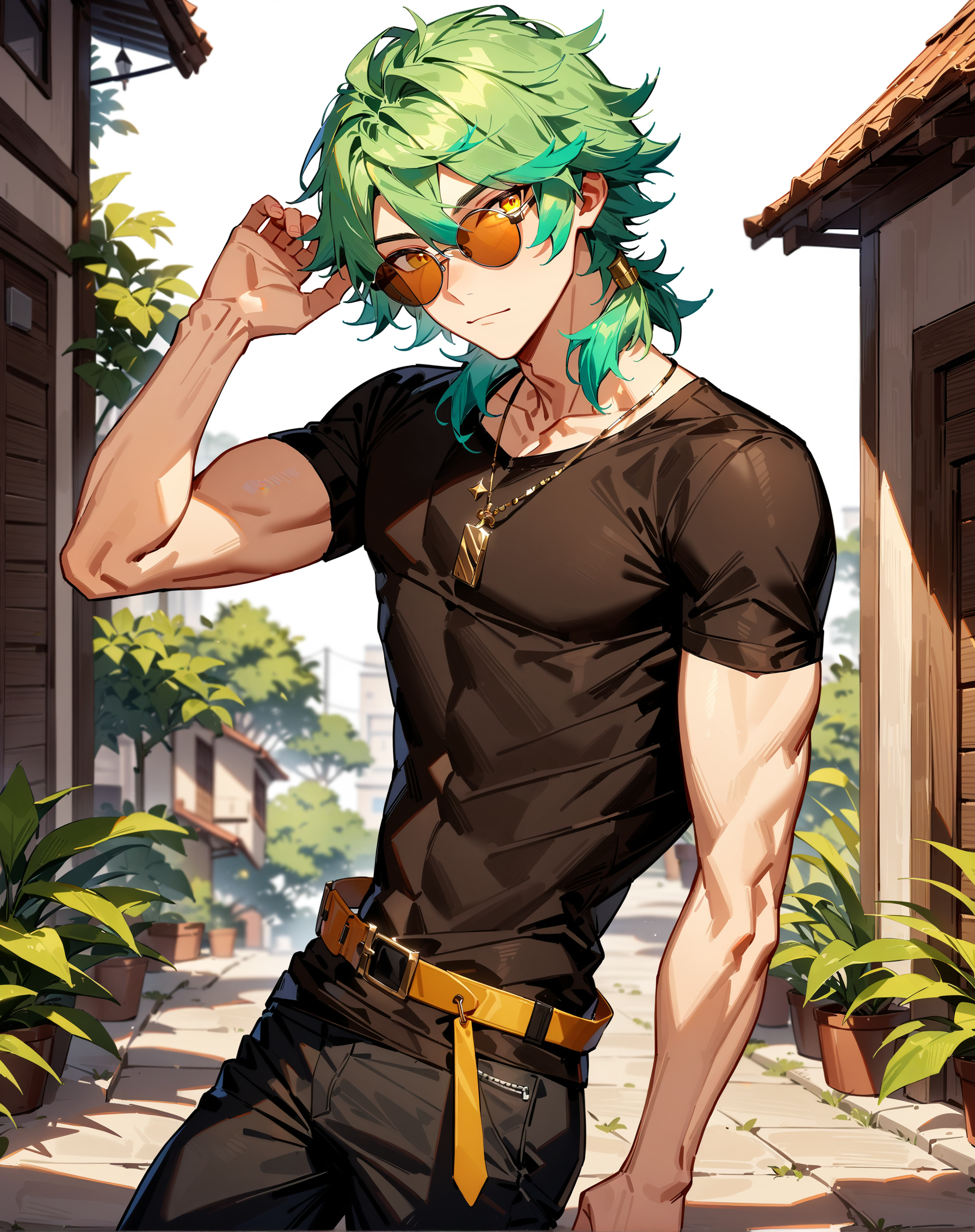 1boy, solo, male only, male focus, cowboy shot, <lora:ezreal_sdxl_lora:0.8>, (ezreal, green hair, yellow eyes), sunglasses, shirt, pants, black shirt, black pants,  outdoors, looking at viewer, masterpiece, best quality, very aesthetic, absurdres, very detailed, sensitive, <lora:Lightning-8:0.5>