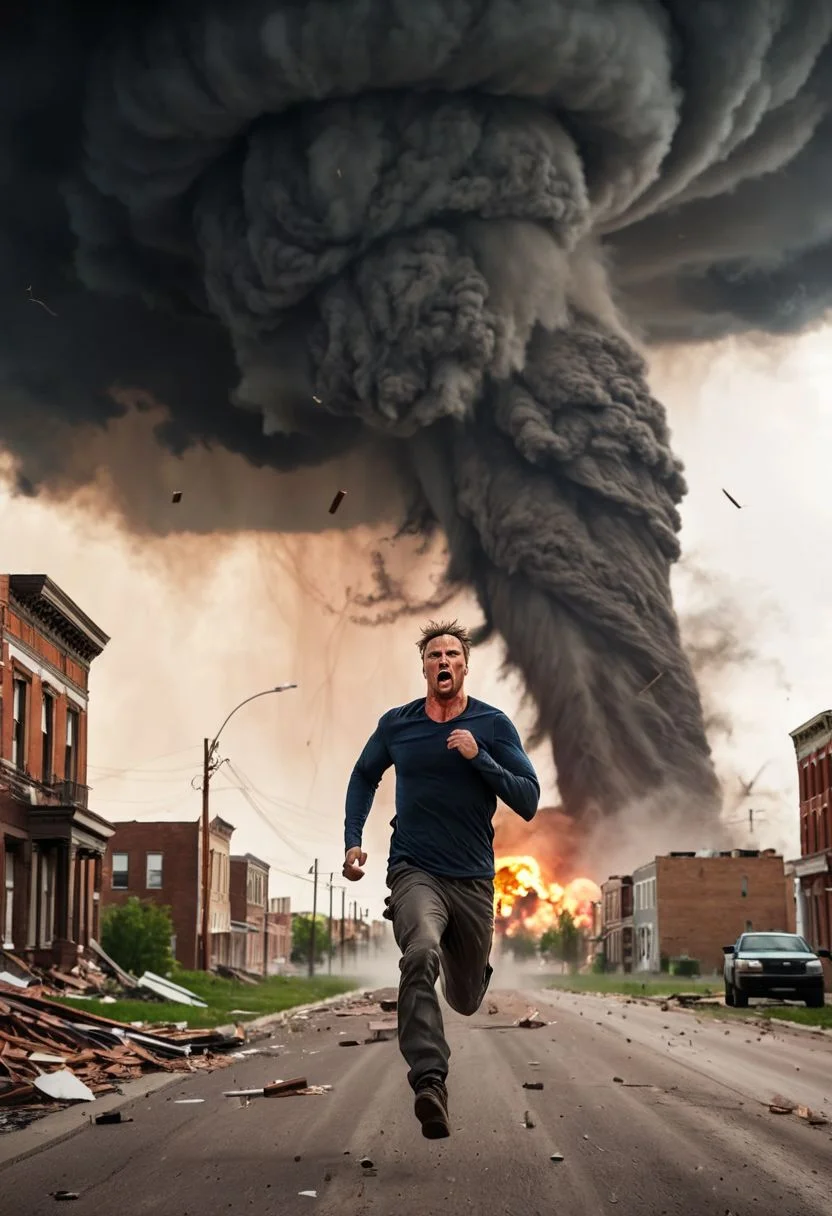 action apocalypse movie scene, heroic man running away from a tornado ravaging the city, epic intense scene