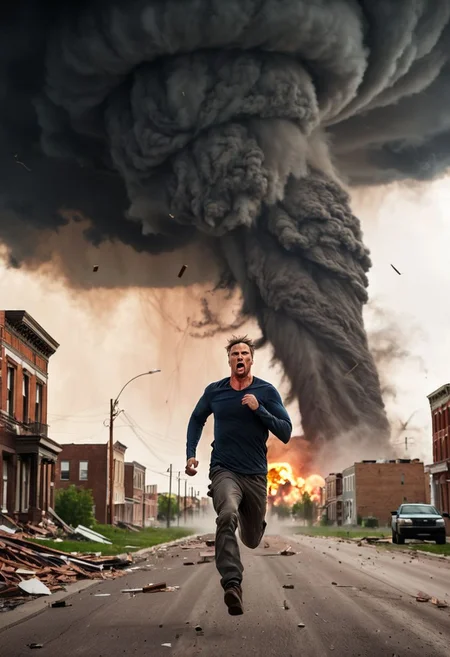 action apocalypse movie scene, heroic man running away from a tornado ravaging the city, epic intense scene