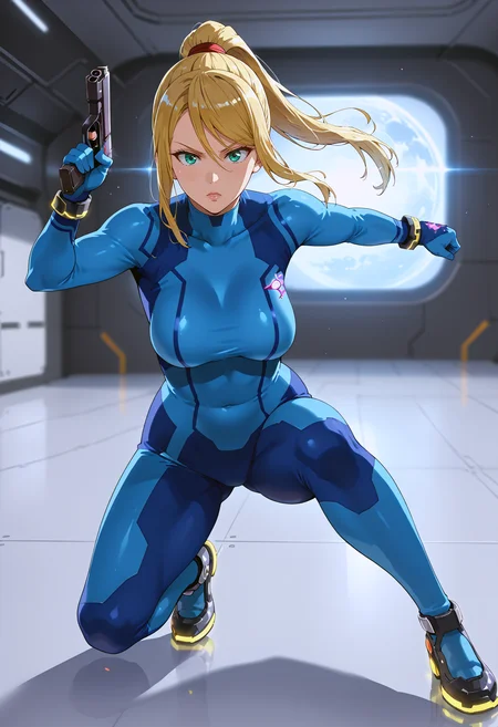 takeda hiromitsu style, source_anime, anime screencap, uncensored, dynamic angle, dynamic view, takeda hiromitsu style, dynamic pose, foreshortening, extreme perspective,
sole female, solo, 1girl, samus aran, blonde hair, swept bangs, long hair, ponytail, mole under left lip, turquoise eyes, zero suite, blue body suit, blue gloves, metal bracelets, sagging breasts, medium breasts, skintight, fully dressed, action pose, dynamic pose, determined, superhero landing, dynamic pose, holding gun, complex background, detailed background, inside giant spacecraft, outer space in window, multiple galaxies in the background, giant view of space, giant window with a view of space, view of planets, view of stars, depth of field, blurry background, volumetric lighting, back lighting, side lighting, 3 point lighting, reflective floor, glossy floor, reflective interior,
<lora:takeda_hiromitsu_style_xl_goofy:1.0>, <lora:DynamicPose_alpha1.0_rank4_noxattn_100steps:3.0>, <lora:Superhero_landing:0.5>