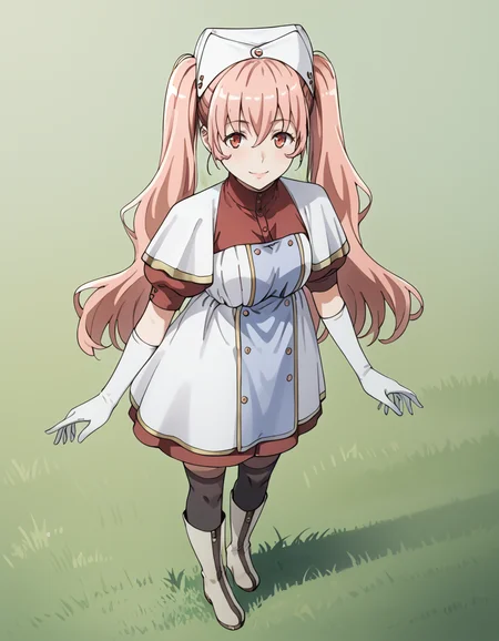 score_9, score_8_up, score_7_up, source_anime, BREAK
1girl, light smile, standing, full body, looking at viewer, simple background, from above, outdoors, grass,
nurse outfit, nurse cap, red dress, white apron, puffy sleeves, short sleeves, white gloves, thighhighs, knee boots
<lora:heith_velveta_anime-soralz:1>,