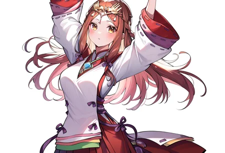 (score_9:0.9),score_8_up,score_7_up,anime style,rating_safe,(zPDXL),<lora:XB2 Lora and Haze ponyXL v1:0.77>,haze_xb2, miko costume, long sleeves, red hakama skirt, 1girl, solo, simple background, looking at viewer, white background, medium breasts, blush, arms up
