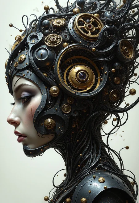 masterpiece, high detail, ArsMJStyle, dnddarkestfantasy, masterpiece, stunning oriental robot woman, made of clockwork cogs, wires and cables, abstract, fractal art. highest definition, HD32K, wallpaper, hyperdetailed, concept art, extreme closeup, side profile