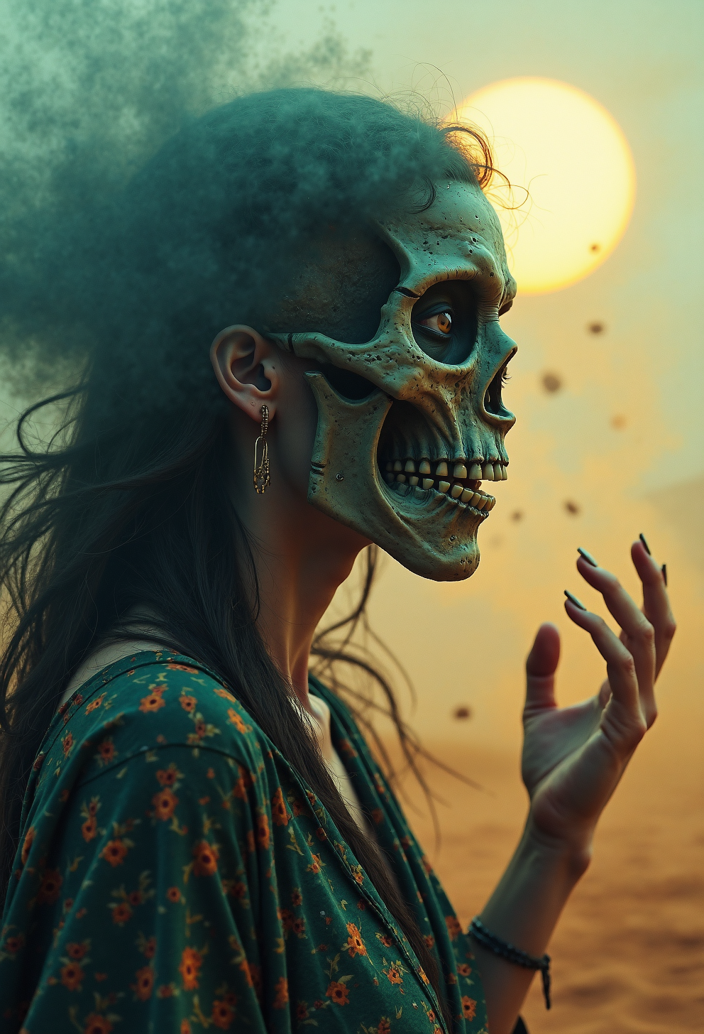 A vibrant, colorful, and hyper-realistic analog photo that captures a highly detailed, extreme close-up of a witch's face. The focus is entirely on her head and facial features, allowing every intricate detail to come to life in stunning clarity. Her skin glistens with sweat from the fierce, desert sandstorm swirling around her. Strands of her hair, dark and wild, peek out from under her hood, which casts deep, foreboding shadows over her intense eyes. The atmosphere is rich with tension, enhanced by dramatic volumetric lighting that adds depth to the image, giving it a cinematic, epic film quality.
Her buxom form is barely concealed by a tattered robe that clings to her in the storm, revealing glimpses of her sweat-slicked skin as the wind whips through the air. With one hand raised, she summons a colossal, ancient, vibrant black skeleton mummy from the storm, its ghostly form towering above her, ethereal and terrifying. The skeletonâs presence is awe-inspiring, with its immense size and spectral nature dominating the scene. The intricate details of its bone structure seem both real and otherworldly, almost glowing through the dust.
Surrounding the witch, the once-colorful flower meadow is now shrouded in a dystopian, dusty haze, with the landscape obscured by the raging storm. The sun is entirely blocked out by the sand and debris, leaving only the glowing aura of her spell to cast an eerie light over the entire scene. The soft, ethereal glow creates a stark contrast between the witch's dark, mysterious figure and the chaotic storm around her, emphasizing her powerful, mystical presence. The image feels alive with movement and tension, blending fantasy with photorealistic detail, and immerses the viewer in a moment of dark magic.