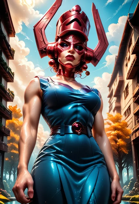 galactus, galachelmet, galaceyes, SmoothQualityPony,
A surreal depiction the enormous head of Galactus \(marvel comics\) appears in the sky against the clouds above a major city an ominous and foreboding signal. Below in the foreground features a
park with a small pond surrounded on the left and right by trees, in the distance sky scrapers tall buildings that nearly reach the clouds..