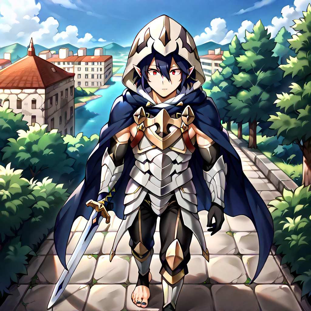 masterpiece, best quality, sharp aliasing, highly detailed, Quality, High Definition, Full Body View, <lora:EPfeCorrinPony:1>EPfeCorrin, blue cape, armour, black gloves, full gloves, black pants, wearing pants, outdoors, day, stone ground, tree, bush, buildings, barefoot, toeless legwear, armoured legwear, stirrup legwear, 5 toes <lora:Amajiki_Tamaki__Pony:1>Tamaki Amajiki, pointy ears, red eyes, dark blue hair, hair between eyes, hood, mask, male, male body, sword, standing <lora:feet_anime_pony_v2:1>feet, dark blue toenails