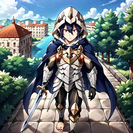 masterpiece, best quality, sharp aliasing, highly detailed, Quality, High Definition, Full Body View, <lora:EPfeCorrinPony:1>EPfeCorrin, blue cape, armour, black gloves, full gloves, black pants, wearing pants, outdoors, day, stone ground, tree, bush, buildings, barefoot, toeless legwear, armoured legwear, stirrup legwear, 5 toes <lora:Amajiki_Tamaki__Pony:1>Tamaki Amajiki, pointy ears, red eyes, dark blue hair, hair between eyes, hood, mask, male, male body, sword, standing <lora:feet_anime_pony_v2:1>feet, dark blue toenails