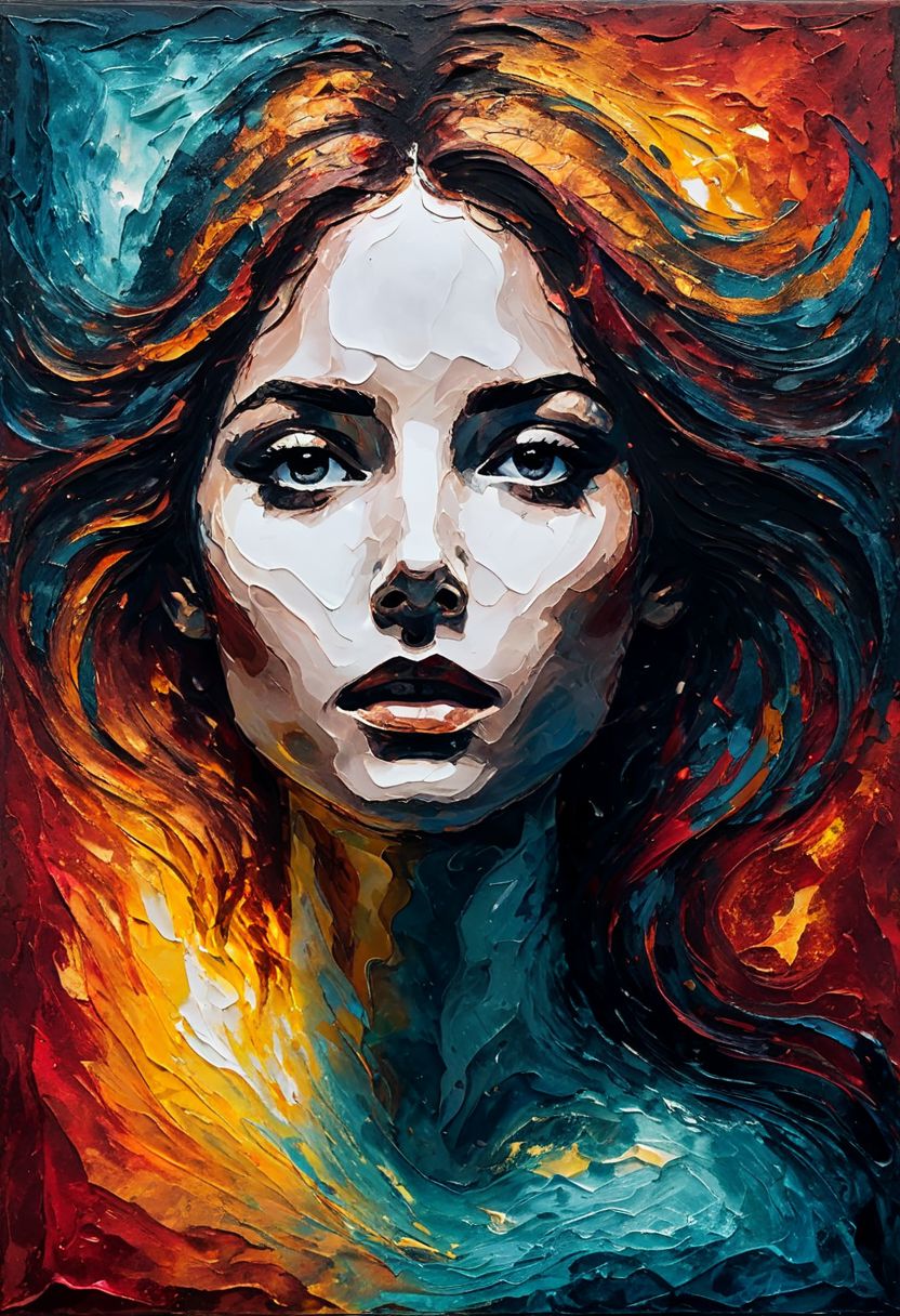 Stunning moody acrylic painting of an emotionally charged female portrait, tense, anguished, textured impasto, minimalism, thick and heavy strokes, gritty, sublime, aged, exotic, emotional, magical, elegant, gorgeous, majestic, mysterious, strongly lit, swirling, beautiful, shimmering, textured, mixed media, collage, edgy, realistic, moody, odd, strange, mysterious, eye catching, super cool, gossamer, ethereal, fantasy, award winning, thought provoking, hyper detailed face and eyes, highly detailed, beautifully lit, scattered light, sunbeams,