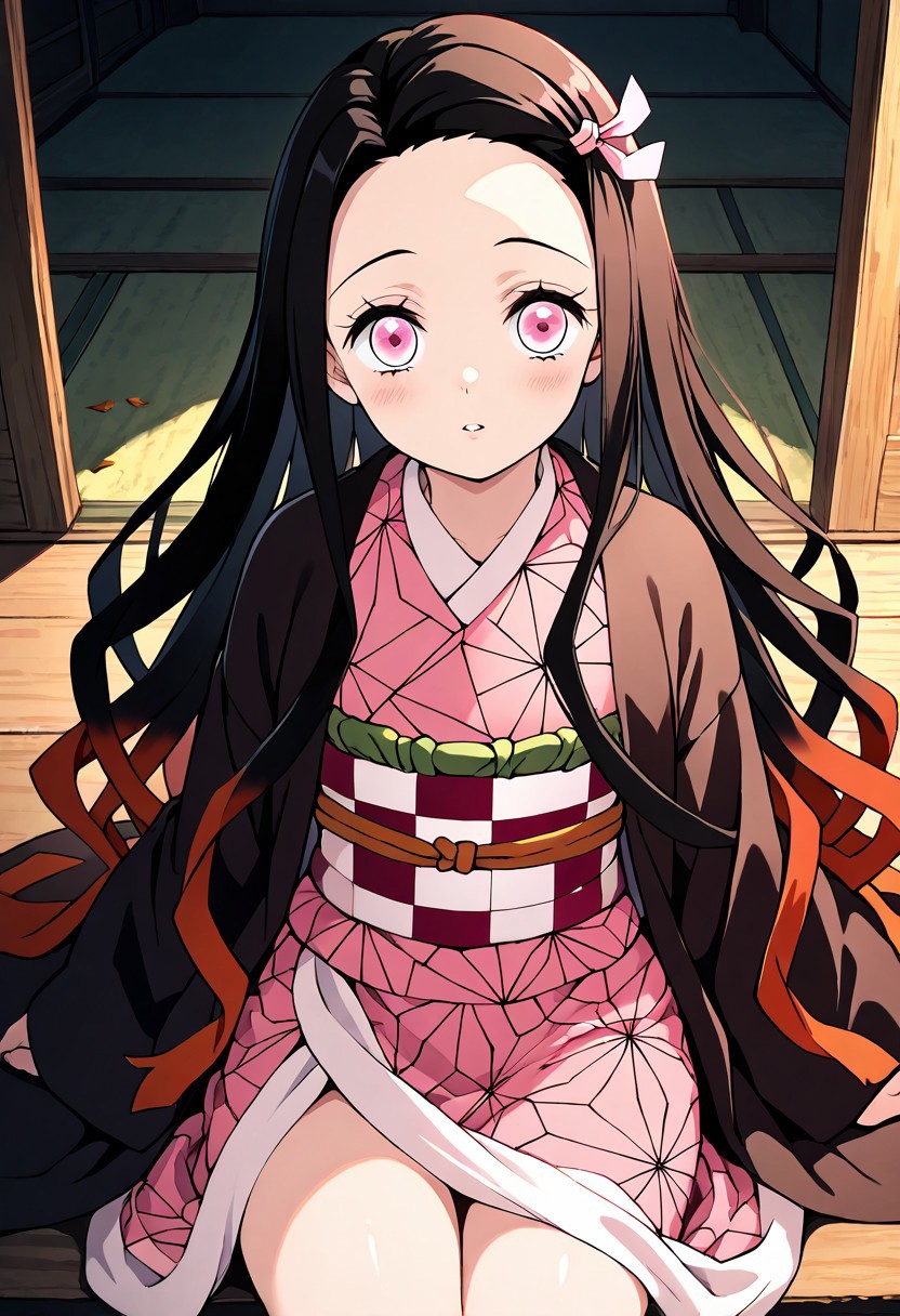 masterpiece, best quality, kimetsu no yaiba 
source_anime,
kamado nezuko, kimetsu no yaiba, highres, 1girl, asa no ha (pattern), autumn leaves, black haori, brown hair, checkered sash, forehead, gradient hair, haori, japanese clothes, kimono, leaf, long hair, looking at viewer, multicolored hair, oni, parted lips, pink eyes, pink kimono, pink ribbon, red hair, ribbon, solo, thighs