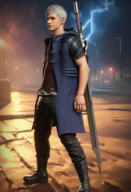 score_9, score_8_up, score_7_up, score_6_up, score_5_up, score_4_up, BREAK realistic, well built, skinny body type, twink, male focus, solo, face focus, good looking face, detailed face, detailed eyes, good looking eyes, perfect face, perfect eyes, 18 yr, soft face, perfecteyes, 1boy,
nero, dmc5, white hair, short hair, blue eyes, necklace, blue jacket, red t-shirt with a white t-shirt underneath, black pants, his right arm is robotic, his right hand is human with black gloves, black boots, sword on his back arched to the right, being ready to grab his sword, hand behind his back,
city center, in front of viewer, full body shot, pose, good lightning, dramatic lightning,