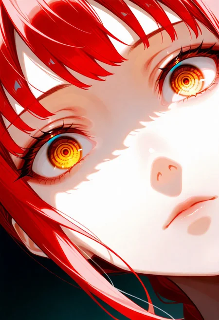 masterpiece, best quality, very aesthetic, absurdres, cinematic, dynamic angle, perfect composition, solo, 1girl, Makima, yellow eyes, ringed eyes, red hair, long hair, braided ponytail, sidelocks, extreme eye close up, eye focus, eye reflection, wide eyed, eyelashes, blank stare, looking at viewer,