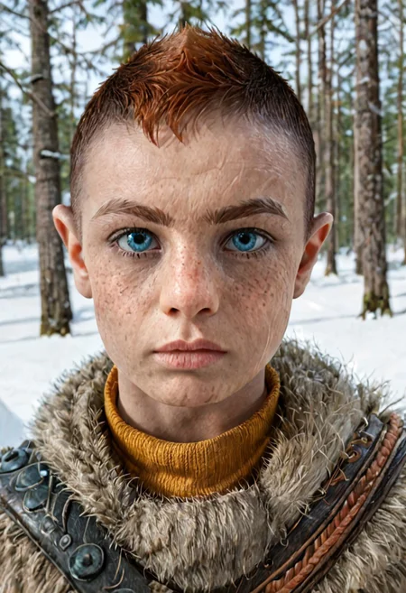 1boy, male focus, solo focus, Atreus, grey fur tunic, ginger hair, pale blue eyes, undercut, brown fur boots, snowy forest, viking,