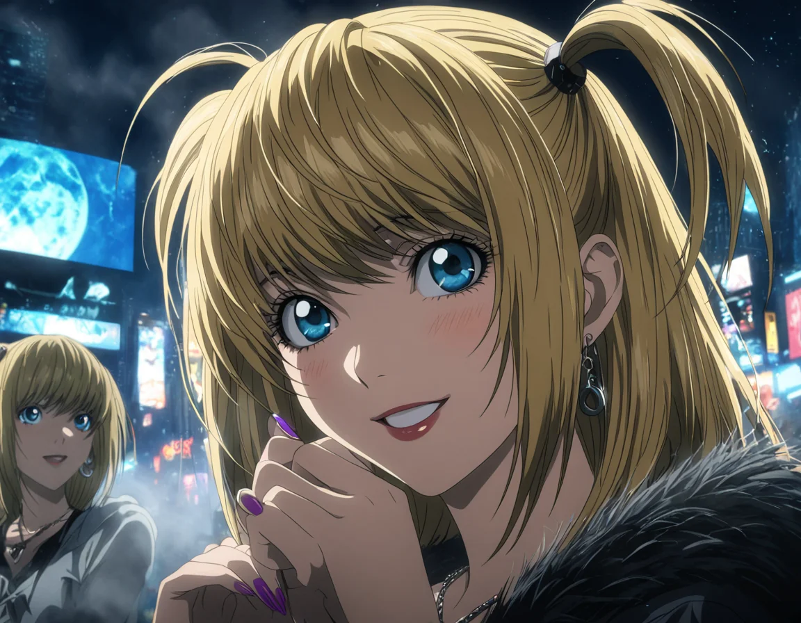 1girl, portrait of Misa Amane, death note, Modern Anime, adult female, From Death Note anime, best quality, 8K, DSLR quality, Bloom Lighting, Good Face, Beautiful Face, Slim, highly detailed, glow, extreme details, fog, smoke, blond hair, full body, happy, smile, perfect eyes, <lora:perfect-eyes:1>, perfecteyes, eyes reflection, detailed eyes, upper body, hdr quality, full of color, smoke, cinematic, night, moon light, 2010s, windy, hair swaying in wind, purple nail polish, nigh time, blue eyes, grainy, chromatic aberration, adult woman, Depth of field effect, uwu, cute, blush, perfecteyes, eyes reflection, detailed eyes, upper body, shy smile, hdr quality, hands doing cute pose, full of color, smoke, detailed hands, 5 fingers, good cinematic, in city, times square, no crowd, <lora:misa_amane-step00000862:1>