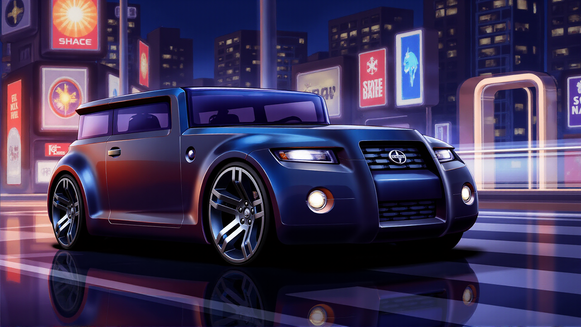 A photorealistic depiction of the Scion Hako Coupe Concept cruising through a bustling neon-lit cityscape at night. The carâs bold, boxy design is accentuated by a glossy midnight black finish with vibrant electric blue racing stripes, perfectly complementing the colorful LED advertisements. The wraparound panoramic glass gleams with reflections of the neon lights, enhancing its sleek, futuristic vibe. Key details like the wide grille, narrow horizontal LED headlights with grid-like patterns, and circular fog lights glow softly, creating a high-tech aura. The polished multi-spoke alloy wheels shimmer against the wet asphalt, surrounded by glowing skyscrapers and bustling streets
 <lora:ral-hkcpcncpt_000004000:1>