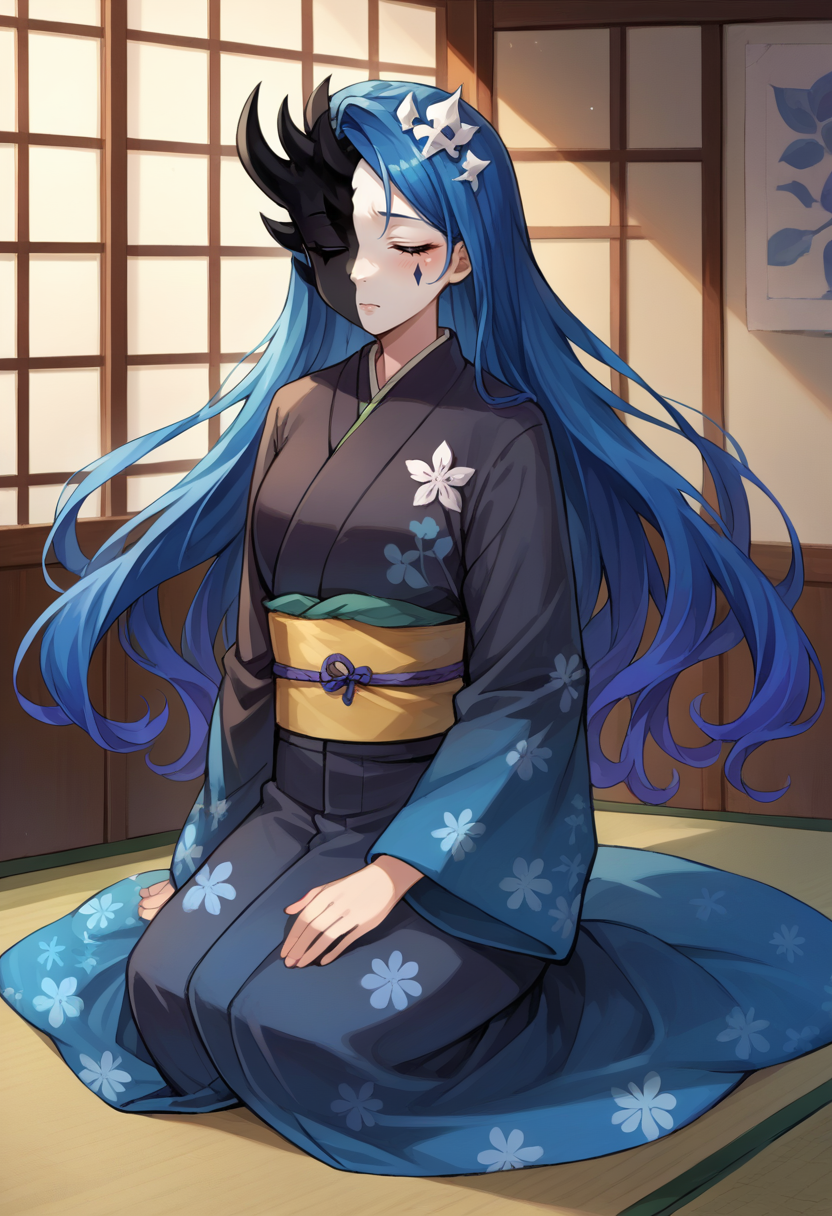 score_9, score_8_up, source_anime, 1girl, solo, KoDLoboCorp, two-tone face, black skin, white skin, asymmetrical horns, closed eyes, teardrop facial mark, long hair, starry hair, tilted crown, indoors, kimono, hair flower, floral print, wariza, kneeling, <lora:ChamKnightOfDespairPonyXL:1>