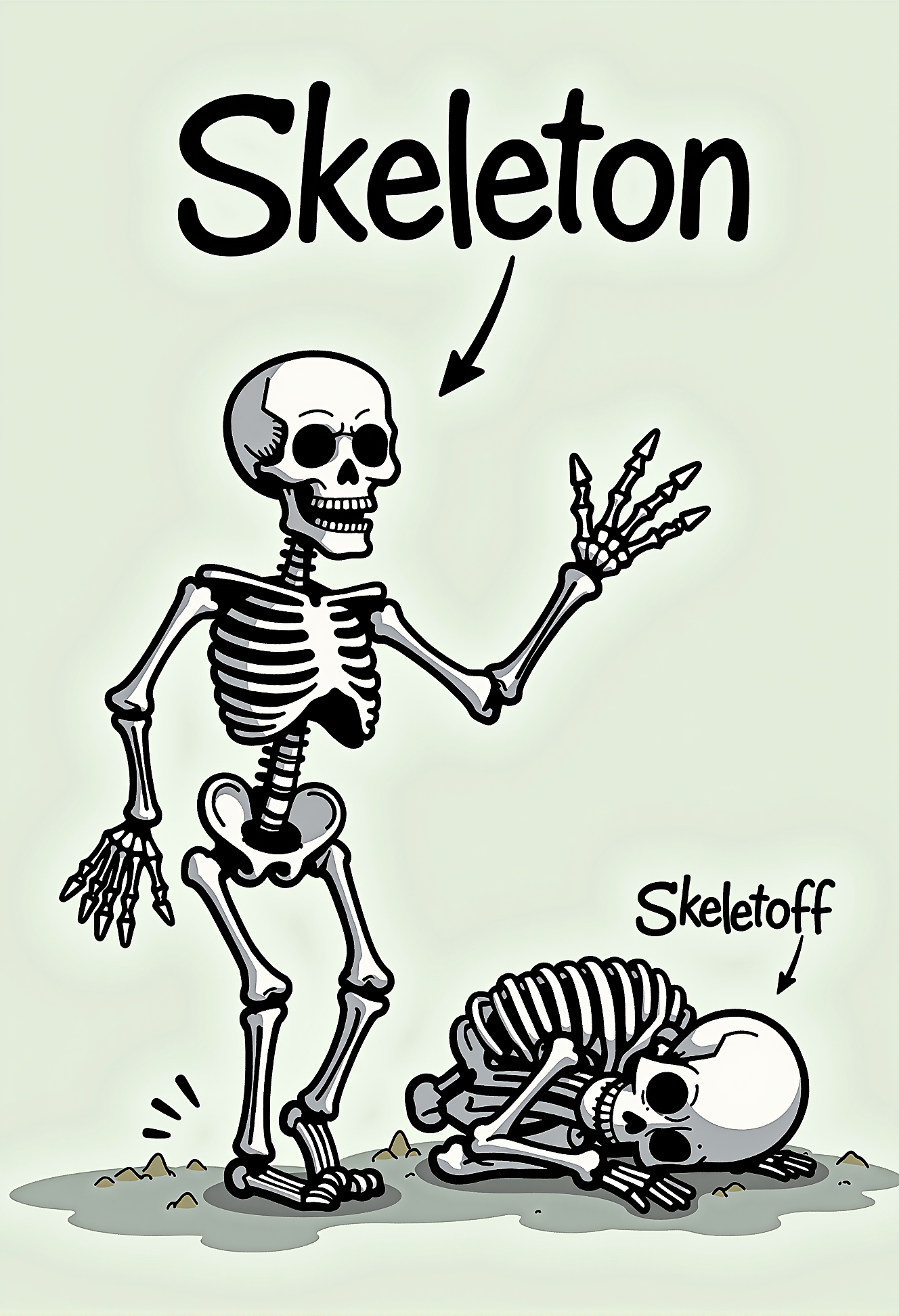 A cartoon featuring two skeletons. One skeleton is lively and dancing with the text 'Skeleton' in a playful comic font above it. The other skeleton is slumped over, sleeping with closed eyes, with the text 'Skeletoff' above it.