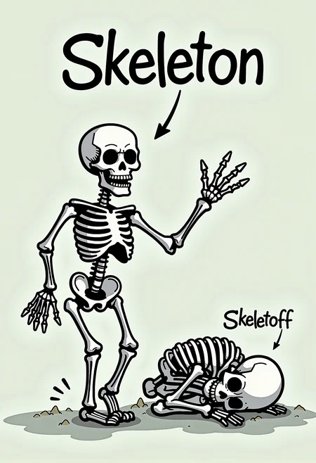 A cartoon featuring two skeletons. One skeleton is lively and dancing with the text 'Skeleton' in a playful comic font above it. The other skeleton is slumped over, sleeping with closed eyes, with the text 'Skeletoff' above it.