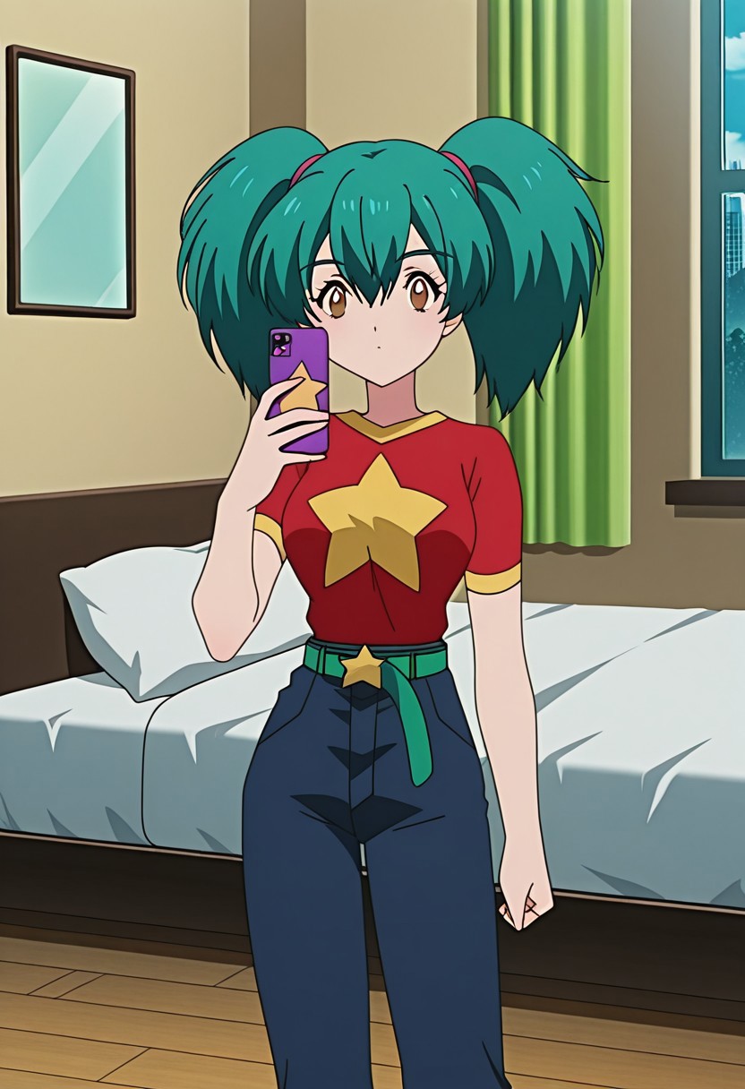 score_9, score_8, score_7, anime_screencap, anime_coloring, source_anime, high_res, rating_safe, uncensored,
pkmnduplica, 1girl, green hair, aqua hair, twintails, bangs, hair between eyes, brown eyes, vivid red shirt, star (print), short sleeves, navy blue pants, green belt, orange sneakers
standing, bedroom, window, bed, pillows, detailed background, mirror, selfie, cellphone holding cellphone, purple cellphone, solo