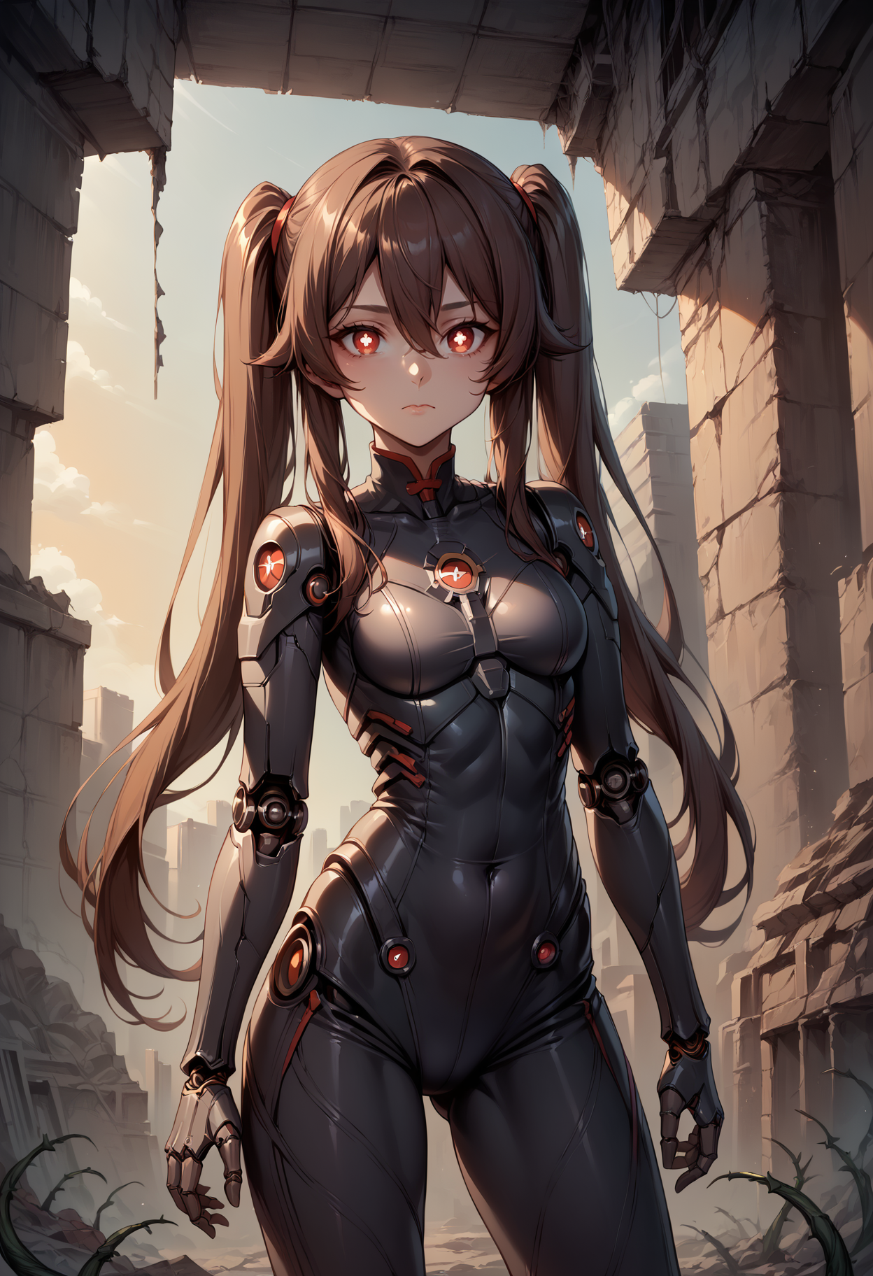 score_9, score_8_up, score_7_up, source_anime, 1girl, solo, looking at viewer, HuTao_DskFll, long hair, brown hair, hair between eyes, twintails, sidelocks, bodysuit, (mechanical parts), (robot joints), ruins, indoors, overgrown, post-apocalypse, contrapposto, legs apart, standing, head tilt, red eyes, symbol-shaped pupils, building, sunset, vines, cowboy shot, rubble, closed mouth