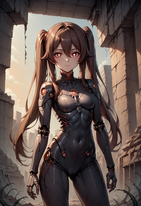 score_9, score_8_up, score_7_up, source_anime, 1girl, solo, looking at viewer, HuTao_DskFll, long hair, brown hair, hair between eyes, twintails, sidelocks, bodysuit, (mechanical parts), (robot joints), ruins, indoors, overgrown, post-apocalypse, contrapposto, legs apart, standing, head tilt, red eyes, symbol-shaped pupils, building, sunset, vines, cowboy shot, rubble, closed mouth