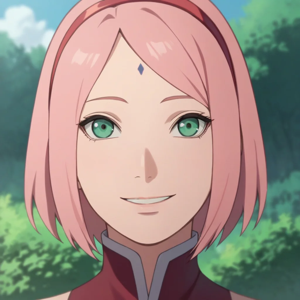 score_9,score_8_up,score_7_up, source_anime, portrait, close up, looking at viewer, red sleeveless, smile, sakurabr, haruno sakura, 1girl, forehead mark, red hairband <lora:SakuraAdamW8-10:1>  solo, outdoors