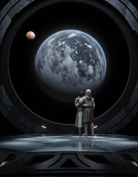 QuantumZ.
A photo-realistic shoot from a far camera angle about a surreal scene featuring two figures standing in front of a large, glowing planet in a dark, circular space with two smaller planets visible in the distance. the scene is set in a dimly lit, futuristic environment with a high-resolution, cinematic feel. the image also shows two smaller, glowing planets, one red and one white, in the background. on the left of the image, a man and a woman, both wearing light-colored clothing, appear to be standing close together, facing away from the viewer, with the man's arm around the woman's waist. they are standing on a reflective surface, with their hands in their pockets, and they are both facing the same direction. the man is wearing a hooded cloak, while the woman has her hand on his hip. the atmosphere is dramatic, with a focus on the two figures and the planet. the lighting is dramatic and dramatic, creating a sense of depth and dimensionality in the scene.