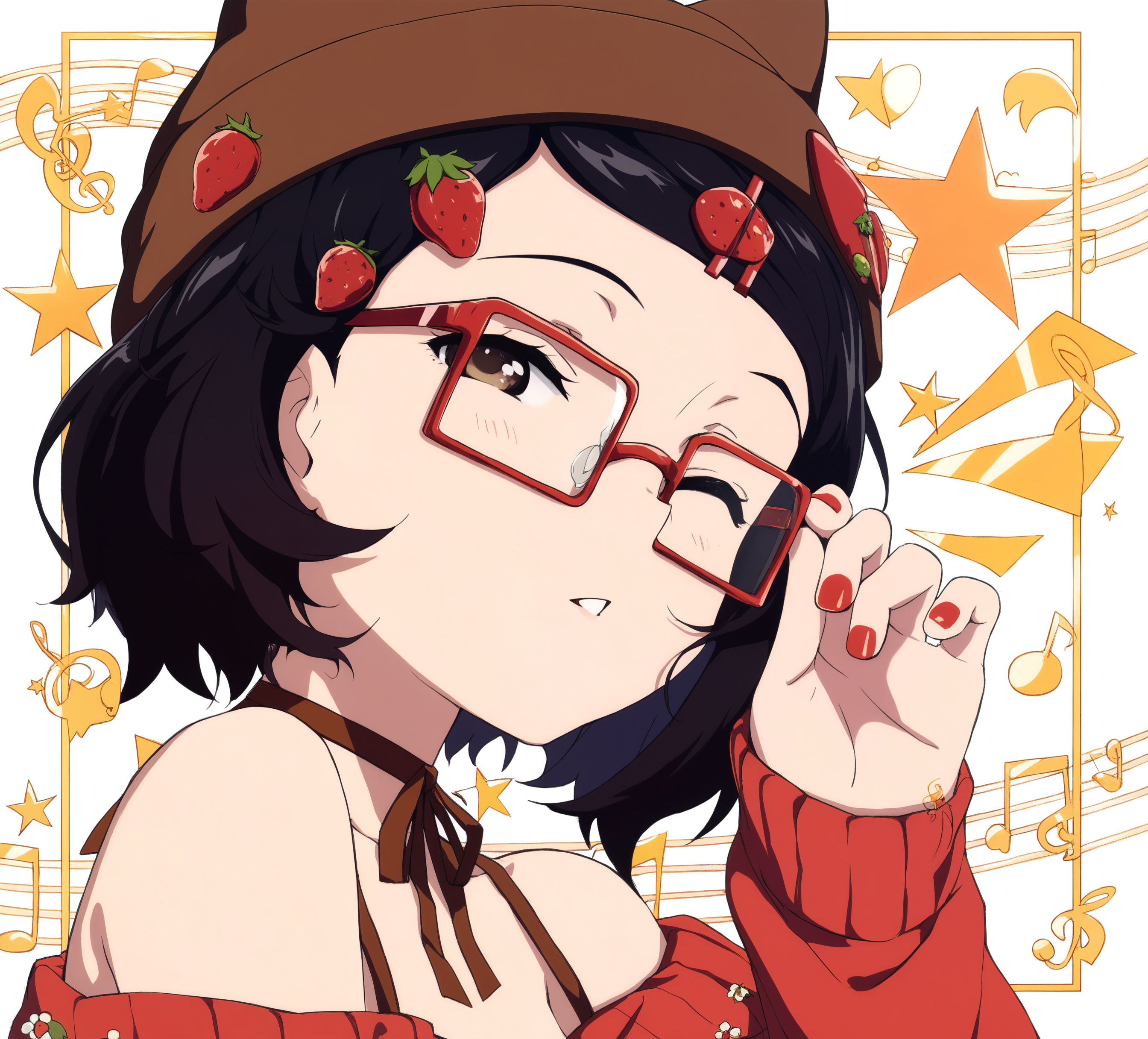 masterpiece,absurdres,best quality,high quality,<lora:MeMaXL5 Type C Vpred Noob:1>,1girl,adjusting eyewear,animal ear headwear,beamed sixteenth notes,beanie,black hair,brown choker,brown eyes,brown hat,choker,food-themed hair ornament,glasses,hair ornament,hairclip,hat,musical note,one eye closed,portrait,rectangular eyewear,ribbon choker,solo,star \(symbol\),strawberry hair ornament,treble clef,red nail polish,from side,bare shoulders,looking at viewer,half-closed eyes,