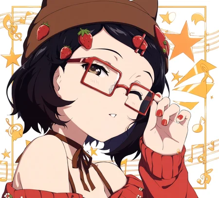 masterpiece,absurdres,best quality,high quality,<lora:MeMaXL5 Type C Vpred Noob:1>,1girl,adjusting eyewear,animal ear headwear,beamed sixteenth notes,beanie,black hair,brown choker,brown eyes,brown hat,choker,food-themed hair ornament,glasses,hair ornament,hairclip,hat,musical note,one eye closed,portrait,rectangular eyewear,ribbon choker,solo,star \(symbol\),strawberry hair ornament,treble clef,red nail polish,from side,bare shoulders,looking at viewer,half-closed eyes,