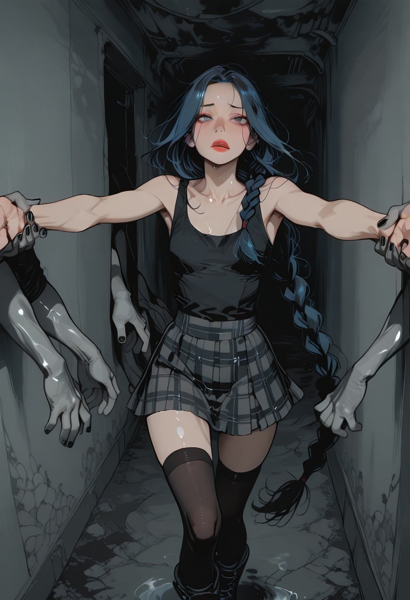 LDSCH, aesthetic, p1n04rtstyl3,pinoartstyle,pino art style, 1woman, dark blue hair, ((hair in long single braid)), (((very long braid))), absurdly long hair, blue eyes, ((slim body)), fit slim, (small breasts), dynamic angle, skinny body, narrow waist, black nail polish, red lipstick, slight blush
wearing black tank top, wearing plaid skirt, wearing black thigh high stockings, wearing hiking boots
In a dark hallway, abandoned building, gray walls, moldy walls, stained walls, she is running, 
<lora:tomanyhands_Illu_Dwnsty:1>, to many hands, surrounded by gray hands, grabbing, gray hands stretching from the walls, gray walls forming into hands, hands are made of same material as the walls, hands are same color as the walls, walls dripping great liquid, walls melting
She is scared, trying to avoid gray hands, fighting away from hands, dodging hands