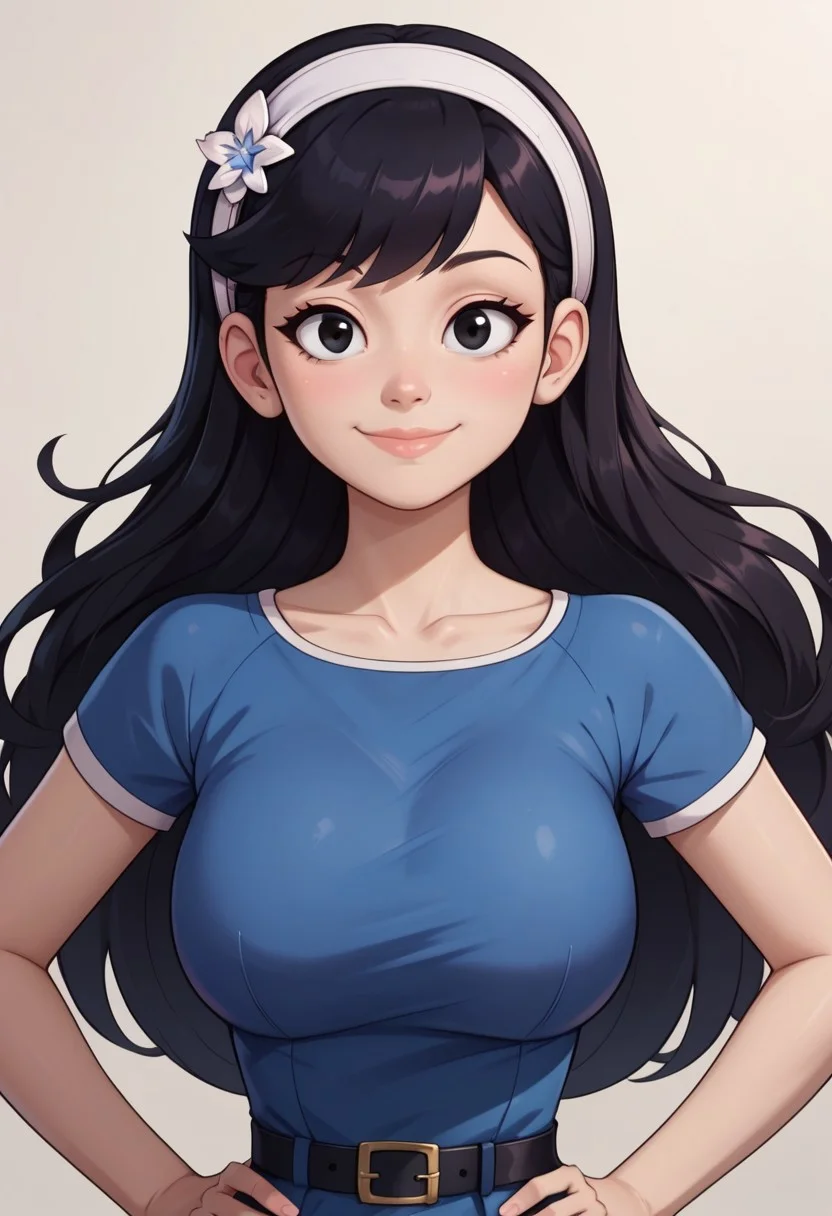((bedroom background)),score_9, score_8_up, score_7_up,score_6_up,
1girl, Solo, Maria_RB, light skin, long straight hair, black hair, black eyes, white headband with a flower, blue dress, black belt, black flat shoes, big eyes, tall stature, social smile, perfect eyes, perfect smile, looking at the viewer, big breasts, detailed eyes, perfect eyes, cute, standing, (front pose, bust shot, close up to face, face portrait:1) 5 fingers, perfect hands, hands on hips