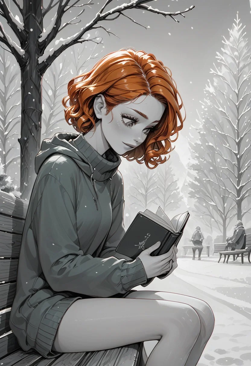 colorvsgrey, monochrome, greyscale, score_9, score_8_up, score_7_up, score_6_up,
orange hair, green sweater, looking down,
1girl, 25 years old, perfect face, cute, petite,
curly hair, short hair,
sitting on bench, reading book, side view,
park, snow, winter,