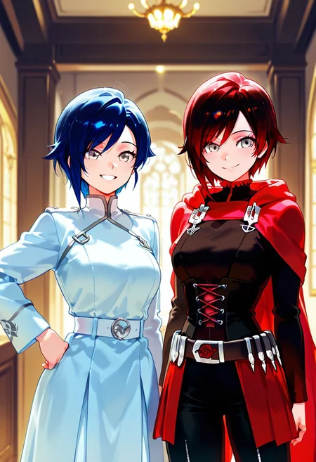 Ruby Rose (RWBY), blue hair, smiling, standing, red hair, gray eyes, white and blue clothes, black and red clothes, 2 girls.