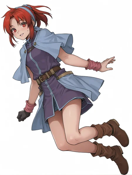 masterpiece,best quality,newest,
solo,1girl,
<lora:chris_ilxl_v1.1:1>,chris,red hair,red eyes,c_clothes,single glove,
<lora:Fixhands_anime_bdsqlsz_V1:1>,light_blush,cinematic_angle,looking_at_viewer,jumping,full body,parted lips,sweatdrop,white_background,simple_background,:d,dynamic_angle,