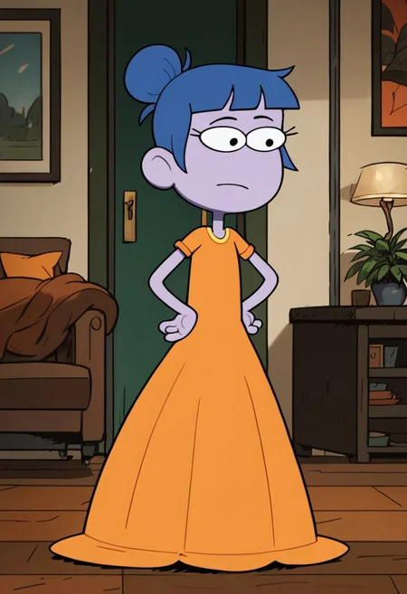 Score_9_up, score_8_up, score_7_up, solo, 1girl, gloriabcg, blue hair, single hair bun, purple skin, long floor length orange prom dress, hands on hips, living room, Expressiveh