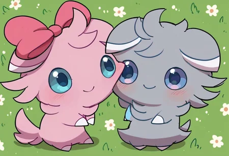 score_10, score_9_up, detail, source_furry, rating_safe, espurr, two espurrs, cute, feral, pokemon \(species\), chibi, 1boy1girl, a couple, a lover, equal, a couple of espurrs, a shiny espurr and a normal espurr, espurrs with gray fur and pink fur, girl with pink fur, boy with gray fur, pink fur with hair bow, female with hair bow, looking at another, eye contact, outdoor, daytime, smile, face to face, same size