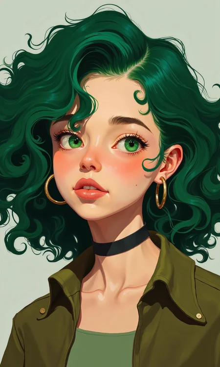 Close-up portrait of a young woman with vibrant green curly hair.
The woman's face is subtly detailed, with a light complexion, high cheekbones, and expressive eyes of a soft green-hazel color looking directly at the viewer. Her lips are a light, natural pinkish-brown shade. Her nose is straight and her eyebrows are well-defined, dark brown. The skin tones are smooth and blended, suggesting a digital painting or illustration style.
She wears a simple, olive-green colored jacket or top, and a thin, dark choker necklace. Large gold hoop earrings are visible on her ears.
The curly hair is a rich, deep, forest green, and appears voluminous and full. The curls cascade around her face and shoulders and are detailed with varying shades of green to show different lighting and shadow effects.
The background is a light, neutral gray, drawing attention to the subject and the vibrant green of her hair. The lighting is soft, focused primarily on her face and not harshly highlighting certain areas. The style is reminiscent of character illustrations used in graphic novels or comic books, or other media.
<lora:FLUX-daubrez-DB4RZ-v2:1> DB4RZ, DB4RZ style painting