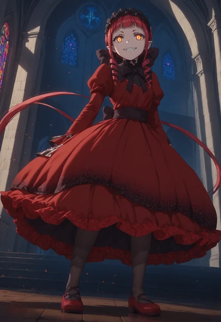 <lora:Rafflesia>,rafflesia,score_9,score_8_up,score_7_up,highres,high res,detailed,4k,source_anime,masterpiece,1girl,solo,bright colors,detailed face,detailed eyes,multicolored eyes,red eyes,red hair,orange eyes,slit pupils,demon girl,frills,twintail,frills,today,(full body),church,(red dress),smile,venue,court curtsy,looking at viewer,glowing eyes,demonic eyes,night,moonshine,from side,from below