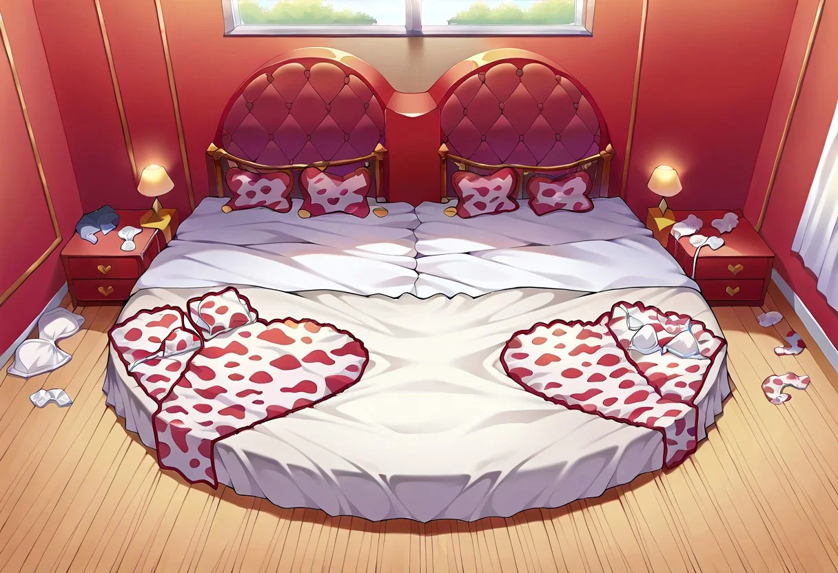 (no_people), from above, bed, bed sheet, indoors, rating_safe, scenery, heartbed, (discarded clothes, discarded cow print bikini, discarded cow print underwear, discarded cow print socks, discarded cowbell collar)
