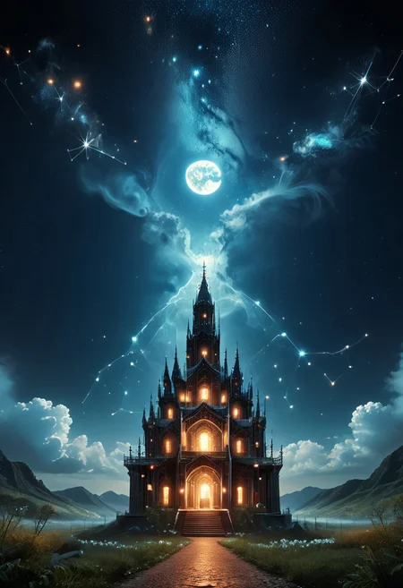 starry_morph, score_9, score_8_up, score_7_up, a hyper-detailed double exposure artwork of the four seasons intertwined with a Japanese Sakura garden, featuring a spiraled world of dark and light, night and day, with a miniature crescent moon, surrounded by realistic clouds and a whimsical, fantastic atmosphere. The artwork should showcase intricate details, maximalist style, and post-apocalyptic elements with dynamic lighting and sharp focus.