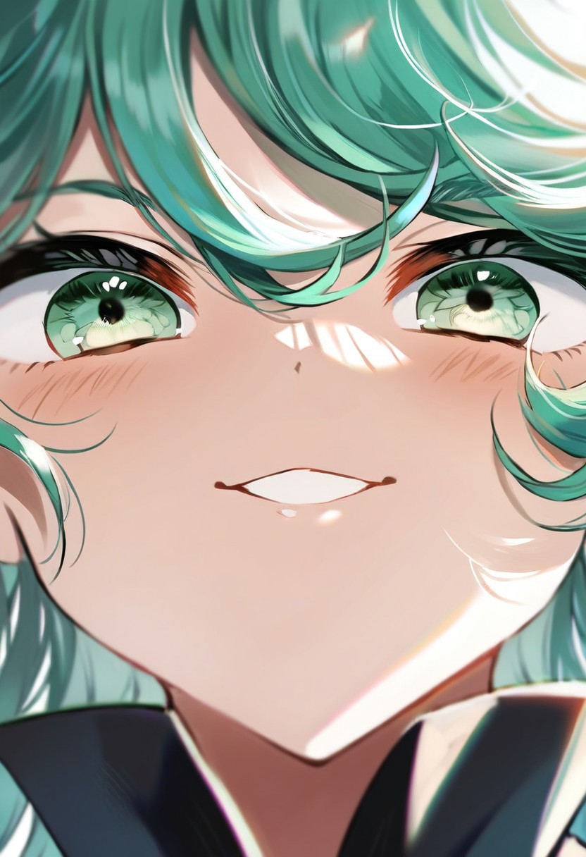 score_9, score_8_up, score_7_up, source_anime, hi res, masterpiece, best quality, highres, rkanime_ps, tatsumaki, close up, upper body, smile, looking at viewer, from below