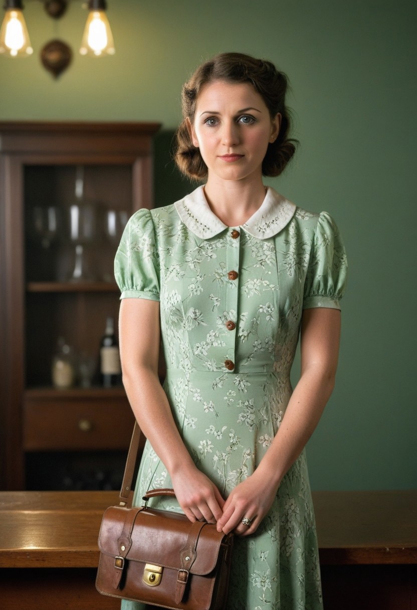rated_safe, Archive photo, 1930s (style), vintage, retro, Archive photo, 1930s Fashion, professional photo of 40yo woman in (simple) light green and white detailed floral dress with collar, brown leather bookbag, detailed buttons, 4k, 8k, high quality, perfect lighting, detailed face and detailed eyes, skin detail,  solo focus, photography raw, (bar), perfect lighting,  clean smooth skin, looking at camera, detailed eyes, pretty face, full body standing, photoshoot,