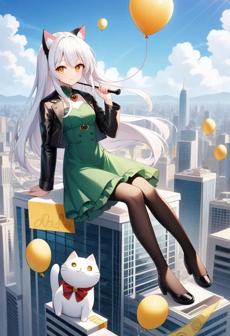 (masterpiece), (score_9, score_8_up, score_7_up,source_anime), best quality, ultra-detailed,24K, illustration, (Uncorrected), CG,
Latex, girl and cat, holding umbrella, animal cat, cat focus,
Multiple balloons, huge balloon, (heart-shaped ballons:1.2).
(Girl sitting on balloons, floating, white hair, ultra-long hair, amber eyes, ultra-detailed eyes:1.2), green dress, jacket, pantyhose, leather shoes,
in Rooftop of Skyscraper, modern city, Skyscraper,