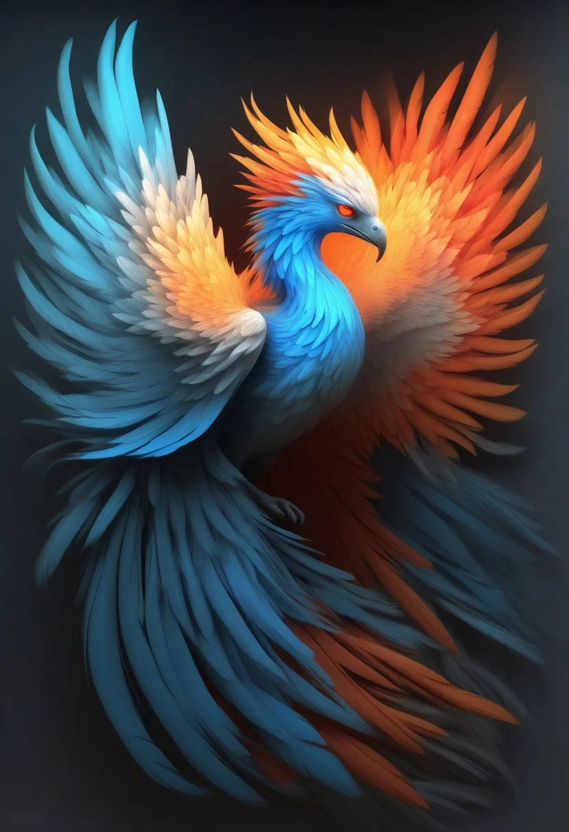 Ghostly Phoenix in a Surreal Print Style, Flowing Satin-Like Layers, Soft Gradients of Fiery Red, Misty White, and Dark Charcoal Tones, Feathers Emanating Neon Blue Light, Beak Accented with Bright Orange, High Gloss Effect, Channeling a Rebirth in a Mystical and Haunting Aesthetic