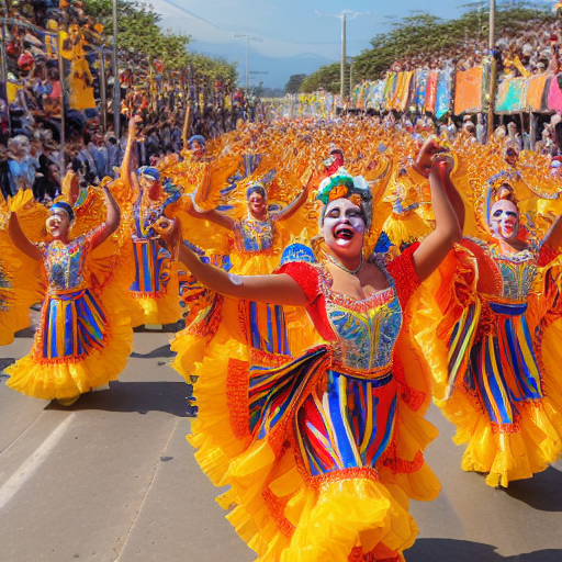 ((best quality)), ((masterpiece)), ((realistic)), energetic dance parade, people dancing in colorful costumes, traditional Colombian attire, vibrant colors, festive mood, (cinematic lighting:1.2), (dynamic composition:1.1), (photorealistic:1.3)