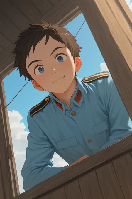 realistic shading, natural lighting, looking out a window, leaning forward on open window, male focus, looking at viewer, expressive face, naotafc, brown_naotafc_male hair, blue_naotafc_eyes, 1boy, arm on open window, sweet smile, shiny skin, military uniform, cosplay, wooden wall, outdoors-blue sky, from outside, cloud, clothes line, from below, dutch angle, dynamic angle, intricately detailed illustration, depth of field, masterpiece, best quality, amazing quality, very aesthetic, absurdres, newest